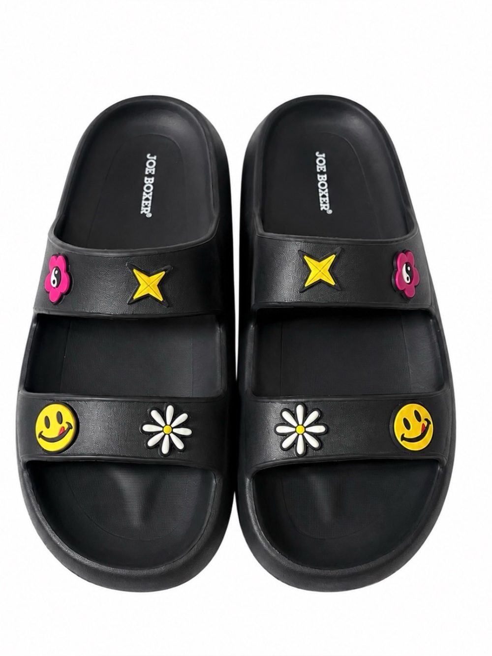 Joe Boxer Women’s S 9 Black Slide Sandals with Yellow Smile & White Daisy Charms